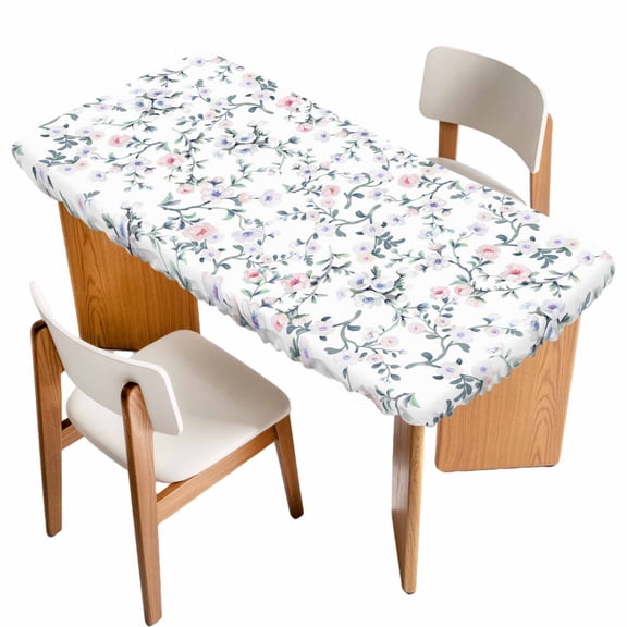 Spring Flowers Table Cloths for 3 Foot Rectangle Tables, Blue Pink Floral Leaves Pastoral Botanical Patio Waterproof Elastic Fitted Tablecloths, Washable Rectangular Table Cover for Camping
