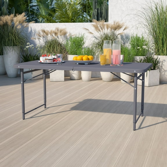 Emma Oliver 4-Foot Height Adjustable Bi-Fold Dark Gray Plastic Folding Table with Handle