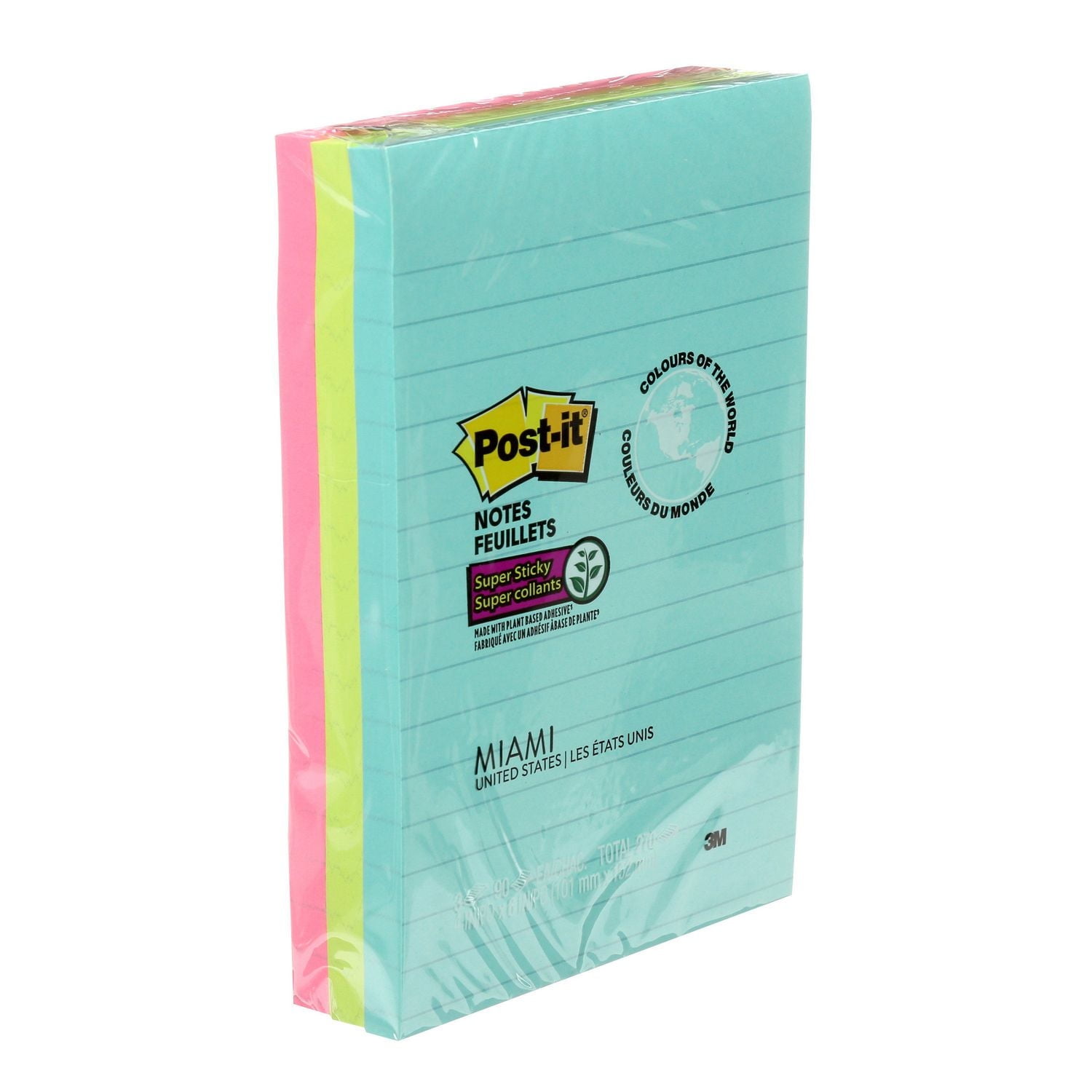 Feuillets super collants Post-it®, collection Miami, ligné, 10 cm x 15 cm (4 po x 6 po), 90 feuillets/bloc, 3 blocs/emballage Feuillets SC Post-it®, Miami
