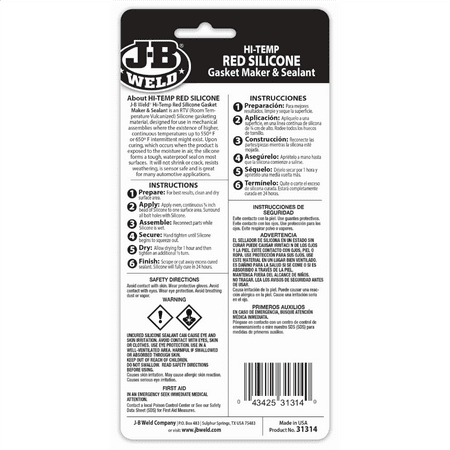 J-B Weld 31314 High Temperature RTV Silicone Gasket Maker and Sealant - Red - 3 oz.