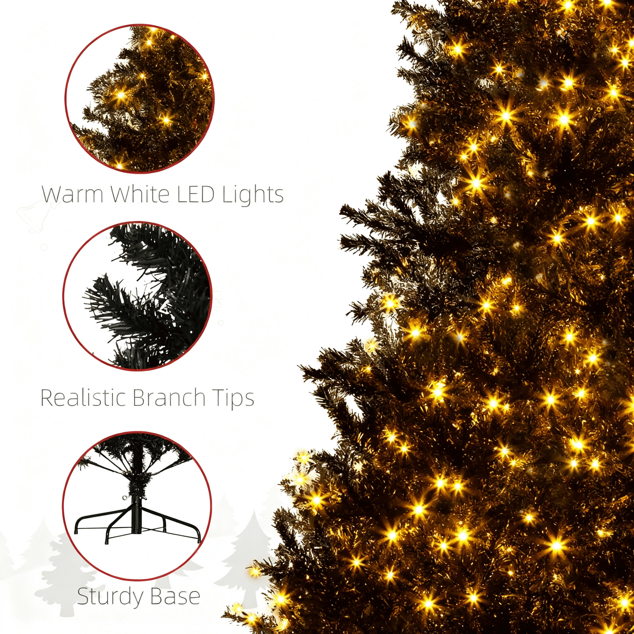 7.5ft Prelit Black Christmas Tree 1346 Tips 500 Warm White LED Lights Metal Stand Indoor Decor