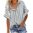 thumbnail image 2 of HongQid Women Linen Shirts Button Down Cotton Short Sleeve Blouses V Neck Collared Button-up Striped Tops, 2 of 6
