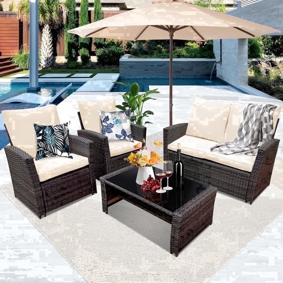 Rtbackyards 4-Piece Brown Wicker Outdoor Patio Set with 3.15 Inch Thick Cushions and Coffee Table for Backyard, Lawn, Garden