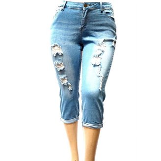 2LUV Women's Stretchy Skinny Capri Jeans - Mid Rise, 5 Pocket, Ripped Denim In Indigo Blue, Size 11