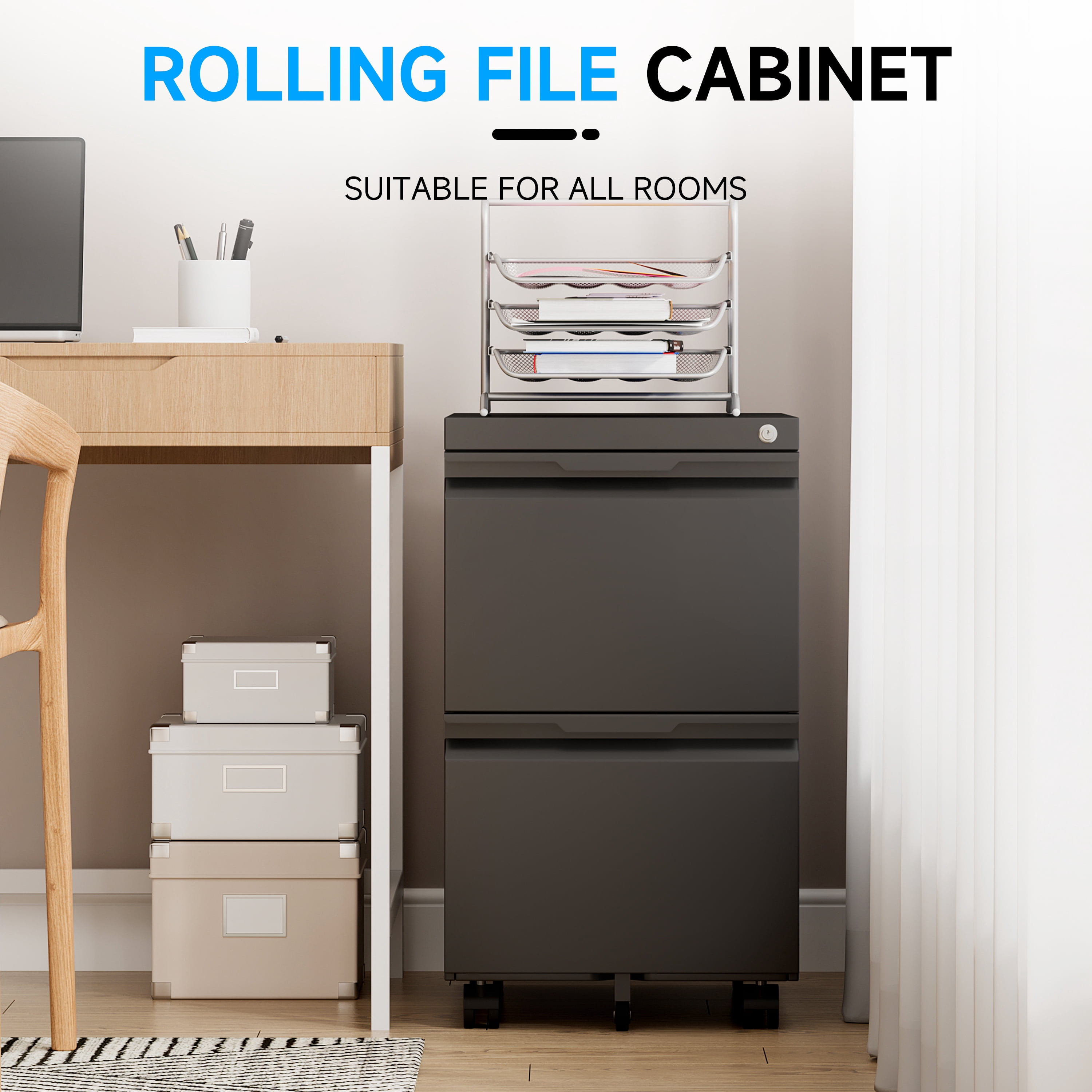 2 Drawer File Cabinet on Wheels, Mobile File Cabinet with Lock for Letter/Legal/A4 File, Metal Rolling File Cabinets for Home Office (Black)