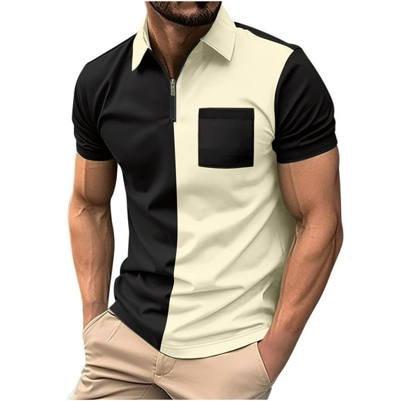 AHTJRT Henley Polo Short Sleeve 1/4 Zipper Casual Business Shirt for Men Beige 2XL