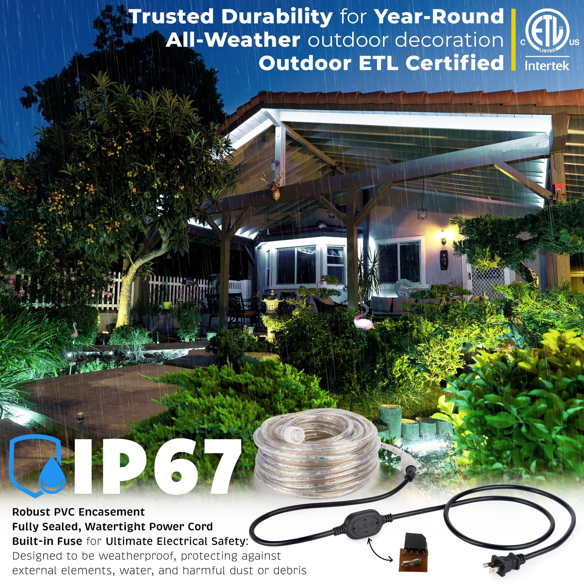 WYZworks 576LEDs, 50ft LED Rope Light, Connectable Waterproof Permanent Outdoor Clear PVC Tube, ETL Certified, Christmas Trees Holiday Decorative Landscape Backyard Patio Accent Lighting - Cool White