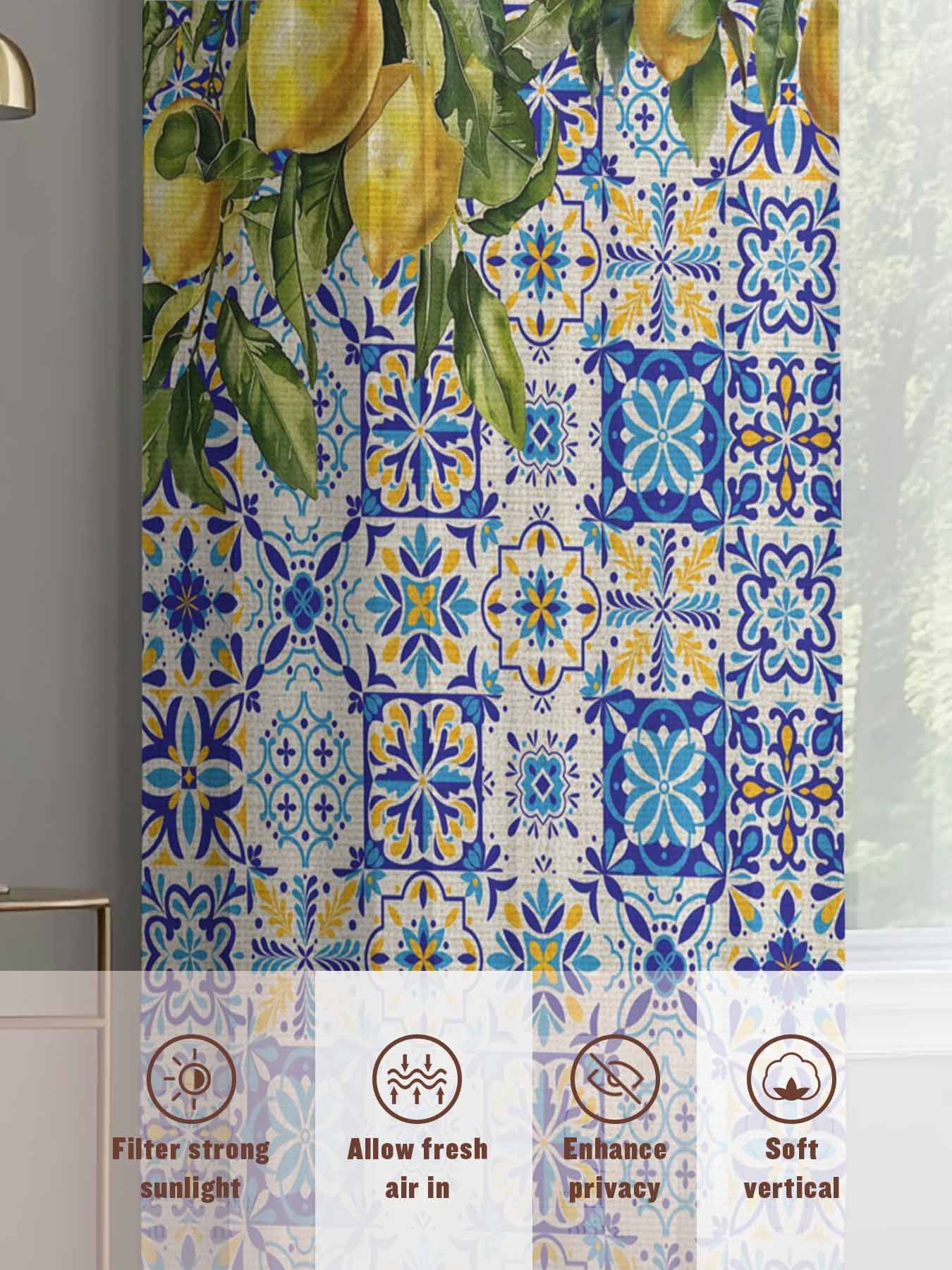 Lemons Sheer Curtains for Living Room Bedroom, National Style Summer Lemon Blue Floral Texture Linen Light Filtering Sheer Curtain Rod Pocket Voile Window Treaments Drapes, 52 x 63 Inches