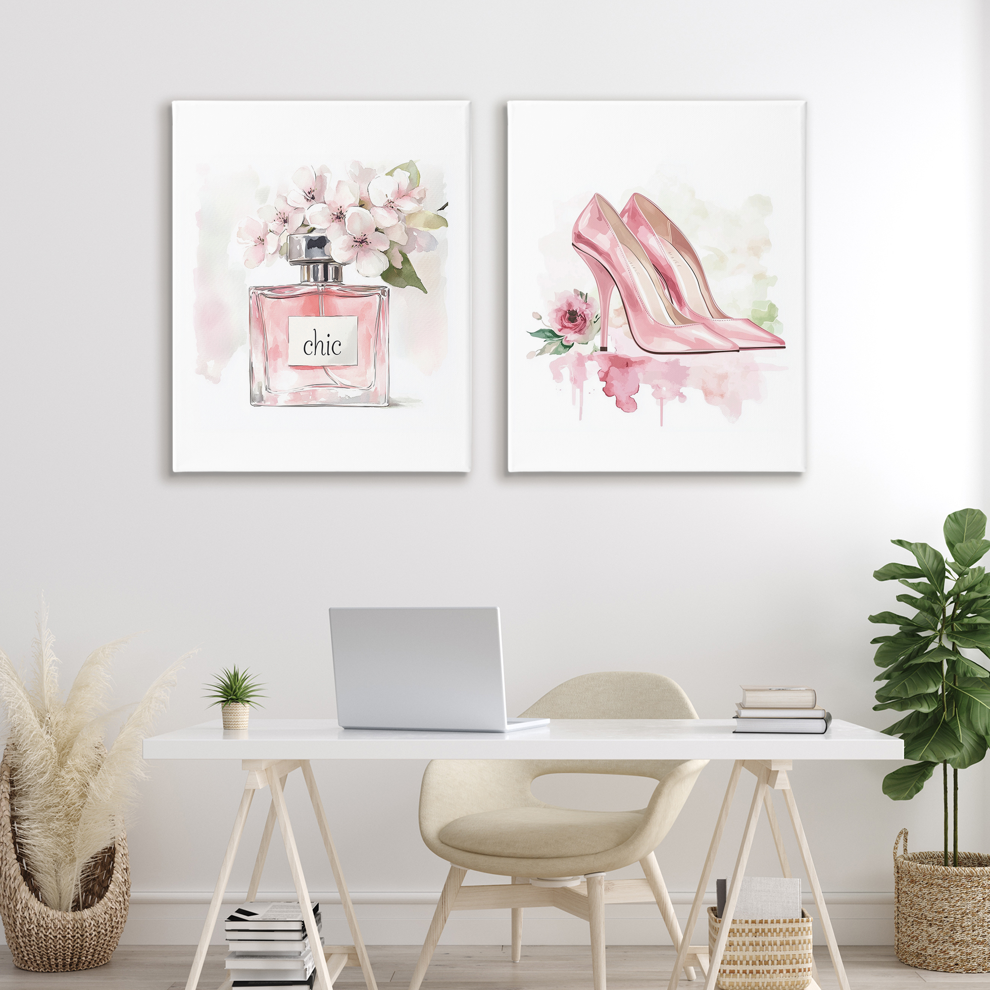Rosy Pastel Perfume & Heels 2 Piece Canvas Wall Art Set, design by Christine Simpson Art