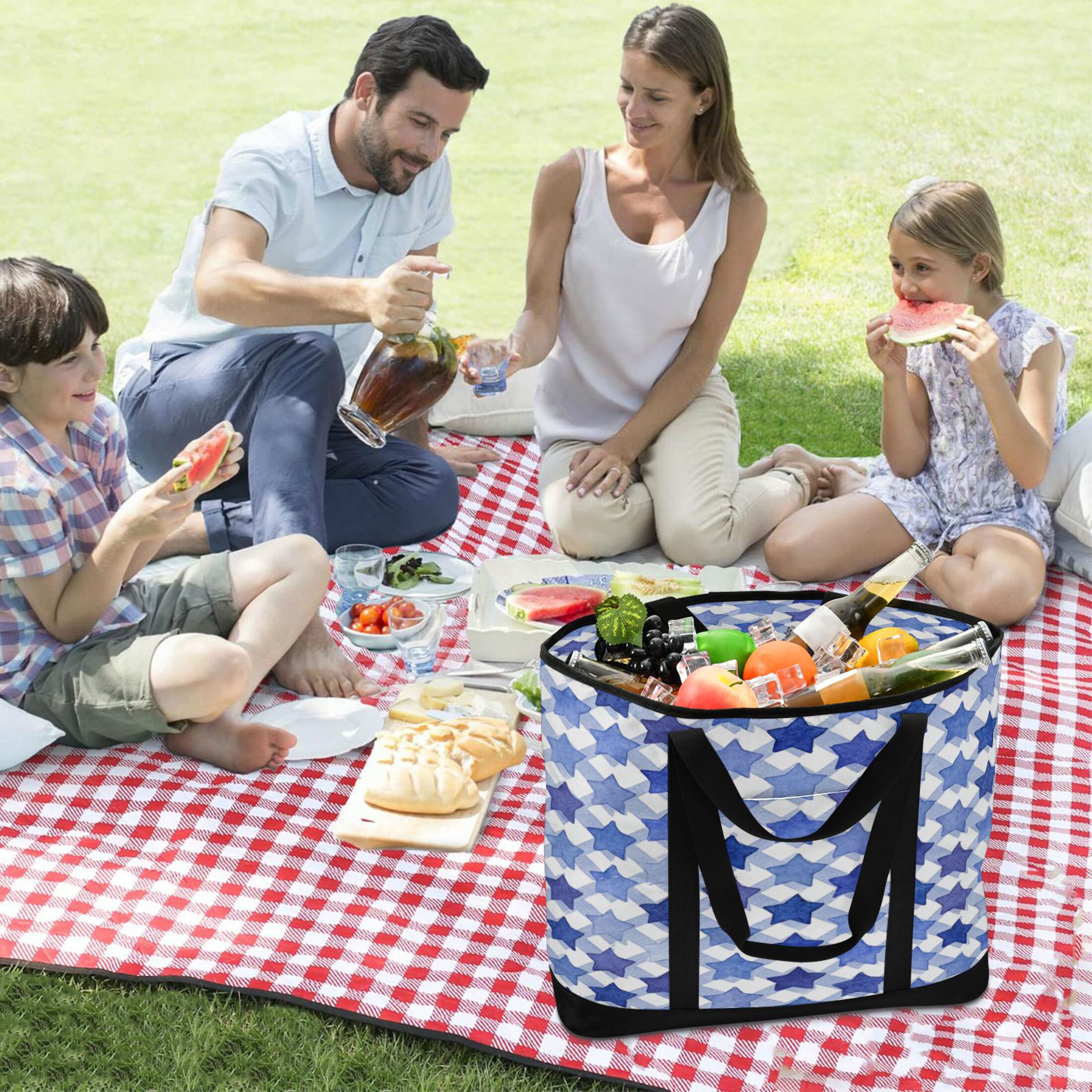 Extra-Large Wide Opening Design Capacity Hand-Held Ice Pack Thickened Insulation Layer For Long-Lasting Cold Retention For Outdoor Shopping Picnics And Camping Navy Blue Stars