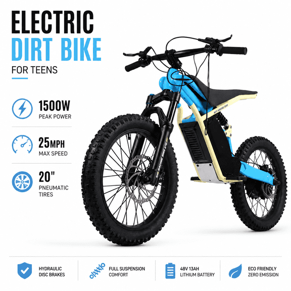 FREEBOY 1500W Mid Drive Electric Dirt Bike for Teens 48V 13Ah Off Road Ebike 40KM/H Full Suspension Hydraulic Brakes