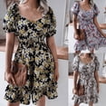 thumbnail image 2 of Women Puff Short Sleeve Sexy V-Neck Midi Swing Dress Boho Floral Print Shirred Elastic Waist A-Line Ruffle Hem Sundress, 2 of 18