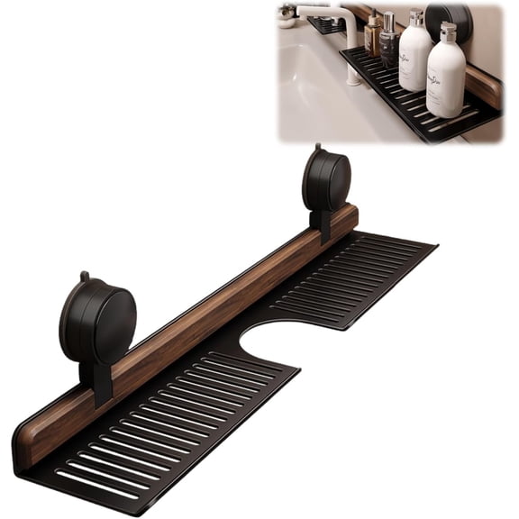 Walnut Suction Cup Bathroom Shelf, No Drilling Wall Mounted Sink Organizer, Removable Over Faucet Storage Rack for Bathroom & Kitchen, Strong Grip for Tile/Glass/Mirror