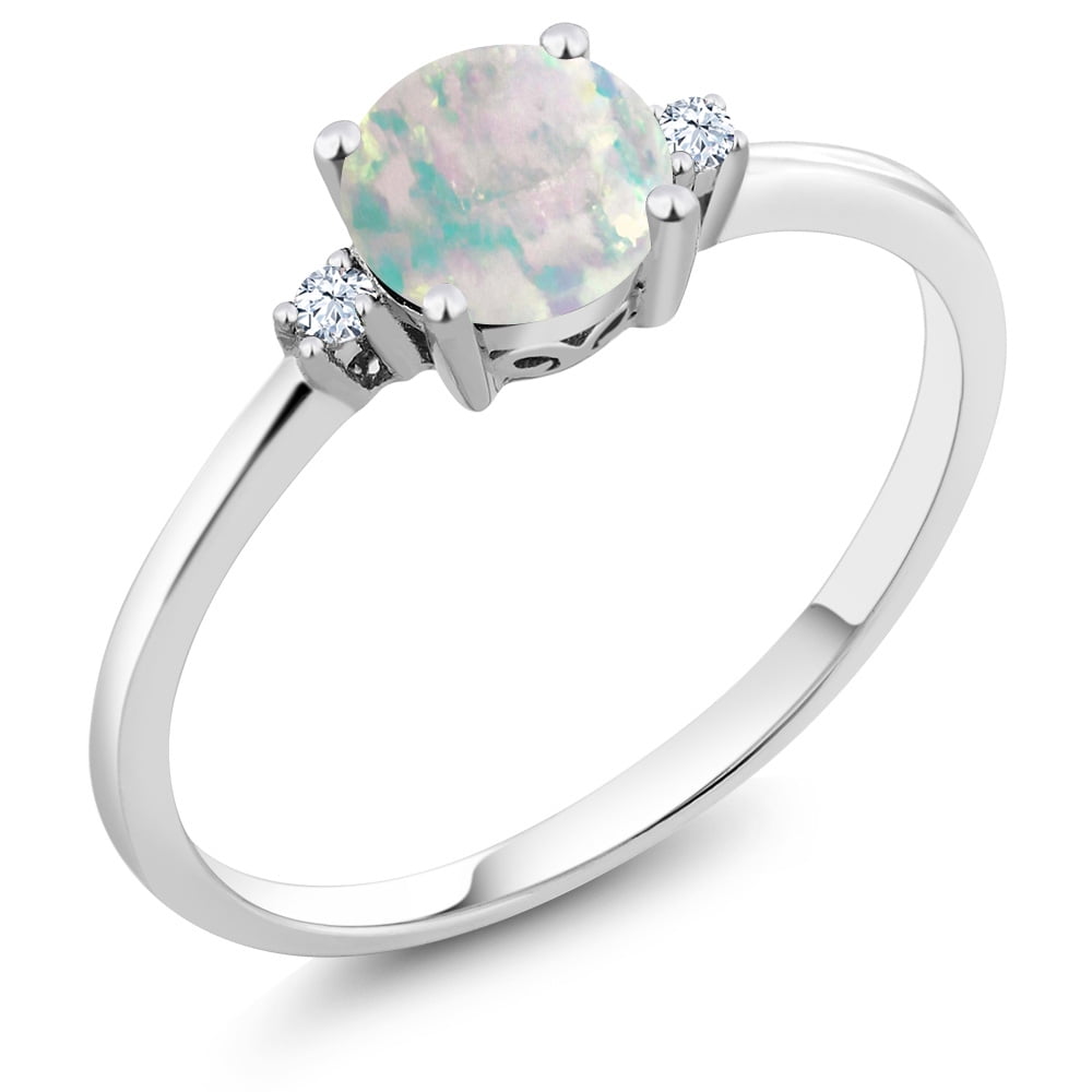 10K White Gold Ring Round Simulated Opal White Created Sapphire (0.33 cttw) by