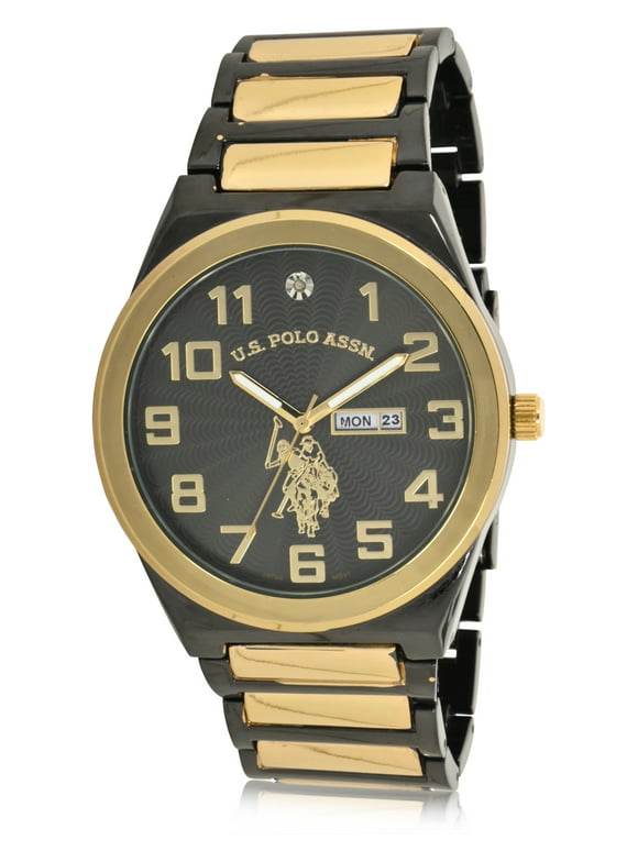 U.S. Polo Assn. Adult Mens Classic Watch w/ Black Case and Gold Center link - USC80660WM