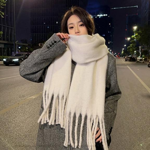 harmtty Fashion Women Winter Solid Color Scarf Tassel Trim Imitation Thick Shawl Elegant Large Long Warm Scarf Fashion Accessories Beige