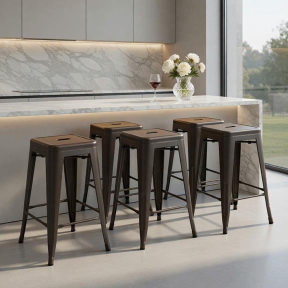 Demi Bonn 24" Set of 4 Tolix Style Counter Height Barstool Stackable Bar Stools, Modern Dining Chair, Brown