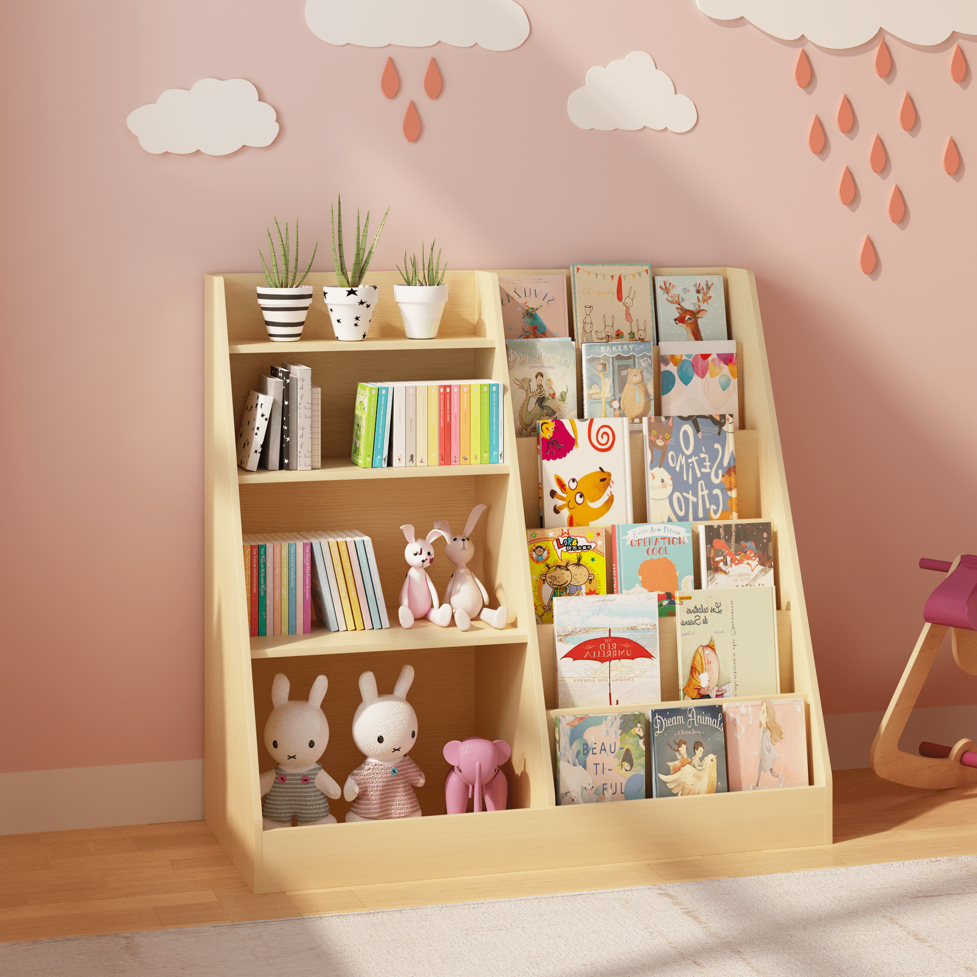 4 Tier Wooden Kids Bookshelf, MDF Multifunctional Bookcase Toy Storage Organizer with Anti-Tip Device, Display Stand for Toddlers, Ideal for Kids Room Playroom Nursery Living Room