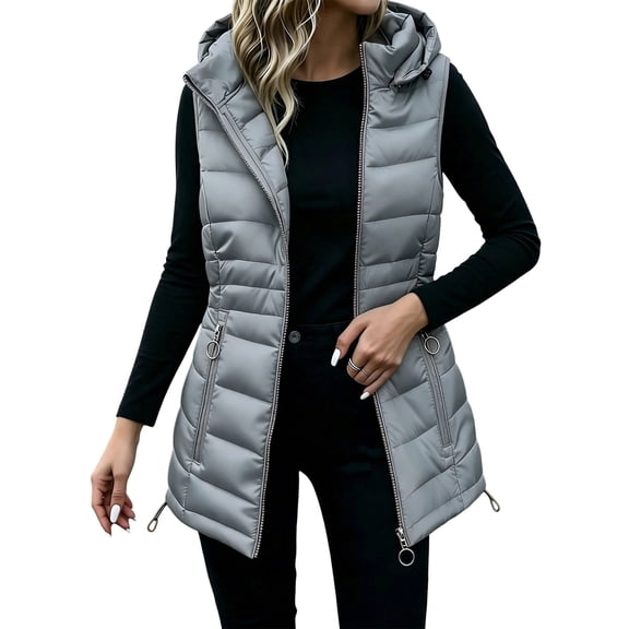 MaFYtyTPR Women's Hooded Puffer Vest Mid Length Full Zip Sleeveless Jacket with Zipper Pockets Fall Winter Warm Down Waistcoat A-Dark Gray L