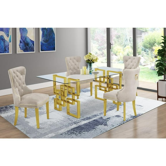 Rectangular Clear Glass 5pc Dining Set with Gold Stainless Steel Base