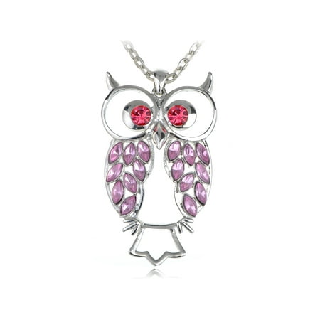 Eyed Owl Pendant - Rose Pink Body Eyes Crystal Rhinestone Silver Tone Owl Big Eye Necklace Pendant