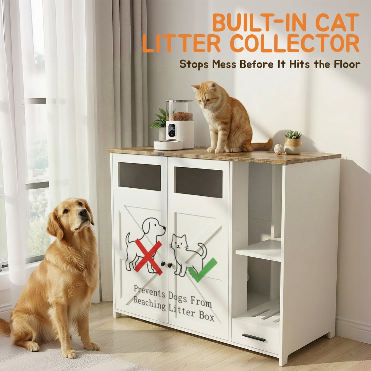Hidden Cat Litter Box Enclosure Furniture – Large Dog-Proof Litter Box Cabinet with Power Strip, Compatible with Large Self-Cleaning Litter Boxes On-Site