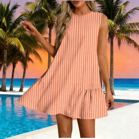 Mifsaly Striped Mini Dress for Women A Line Crewneck Sleeveless Dresses Casual Ruffle Hem Flowy Breathable Summer Vacation Sundresses XXL
