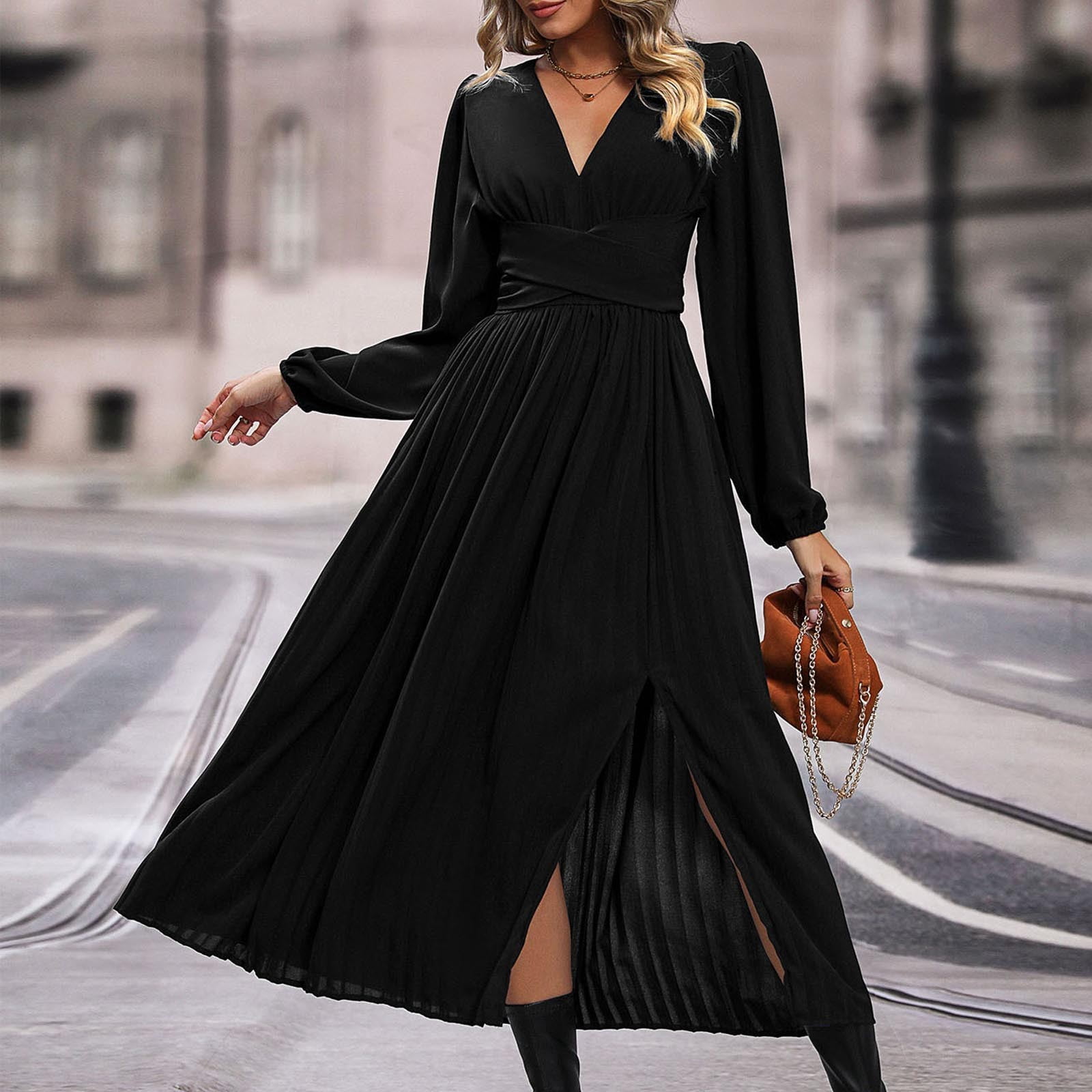 Annhoo Wedding Guest Dresses for Women V Neck Wrap Long Sleeve Formal Dress  Loose Pleated Side Slit Maxi Dress - Walmart.com