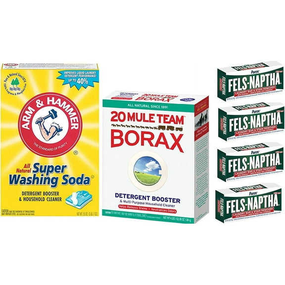 Laundry Soap Kit - Fels Naptha 4 bars, 20 Mule Team Borax Natural Laundry Booster, & Arm & Hammer Super Washing Soda