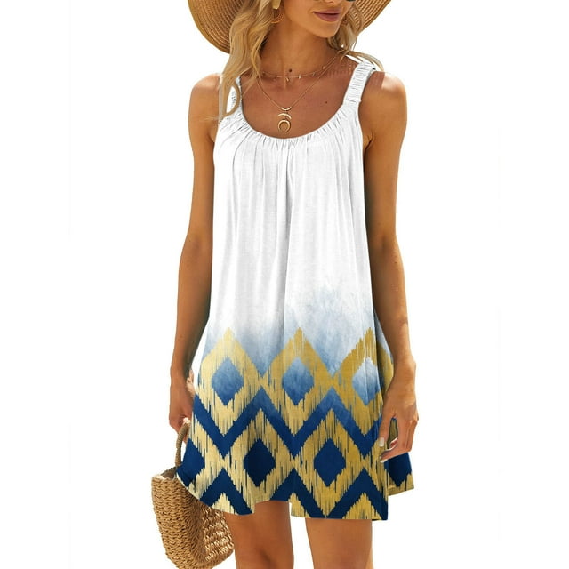 SMihono Robe Maxi Boho d'Été pour Femmes Grande Taille Robes de Plage Femmes Aguichant Hawaïennes Tropicales Imprimées Sans Manches Robe Mini à Bretelles Été Ample Confortable Robe d'Été Boho Plage Balançoire Robe d'Été
