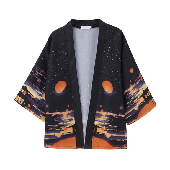 Men's Japanese Kimono Cardigan Jacket Gentleman Casual Seven Sleeve Open Front Coat Lightweight Novelty Printed Cloak Outwear,Orange,M