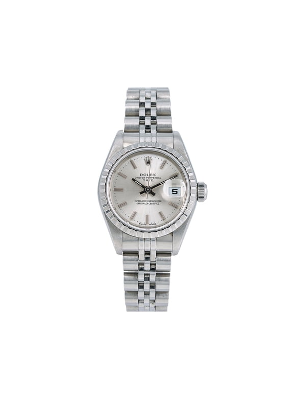 Pre-Owned Rolex Date 26MM 79240 Silver Dial Engine Turned Bezel Stainless Steel Jubilee Bracelet