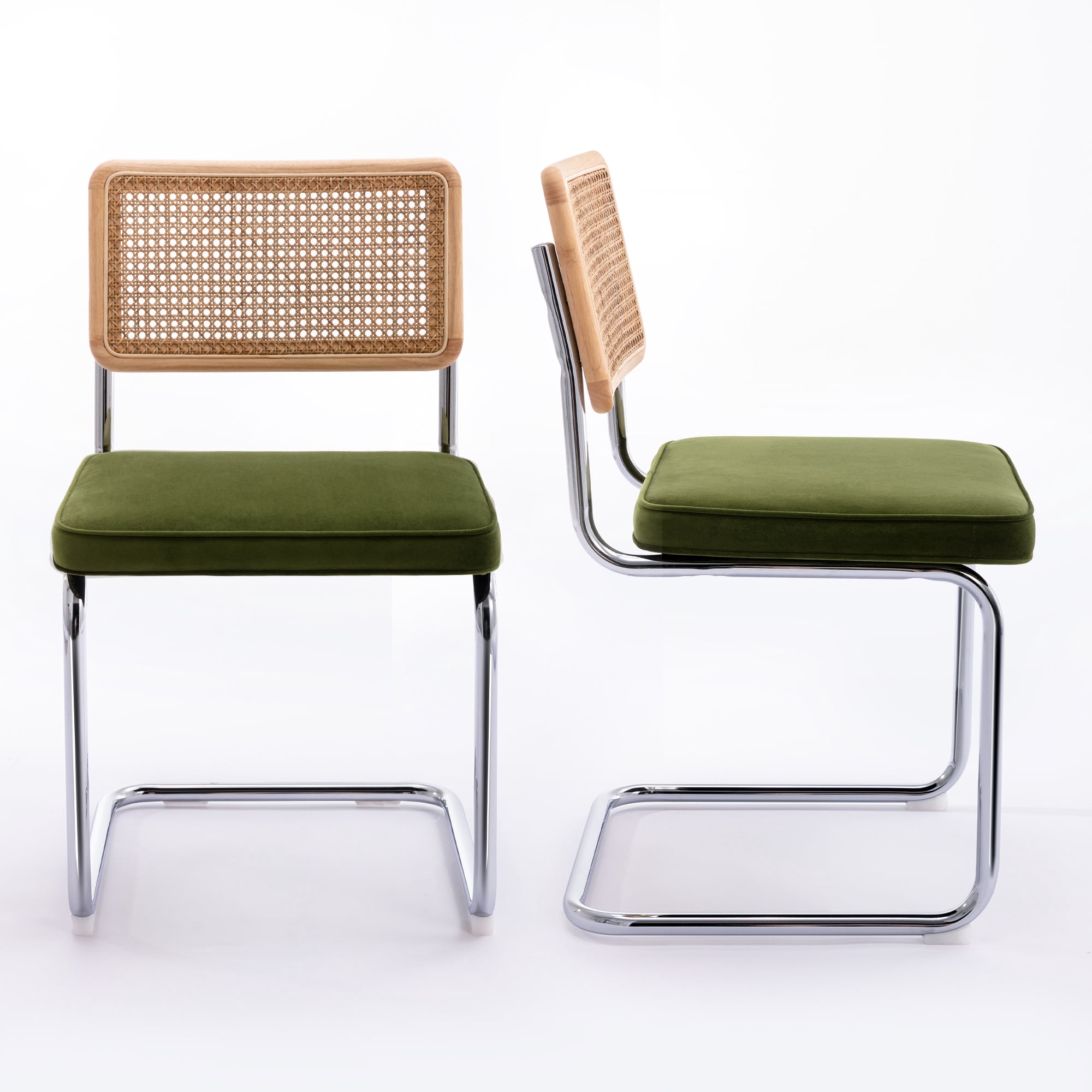Zesthouse Rattan Dining Chairs Set of 4, Velvet Upholstered Dining Chairs with Cane Back and Chrome Legs, Mid Century Modern Kitchen Side Chairs for Living Room, Green
