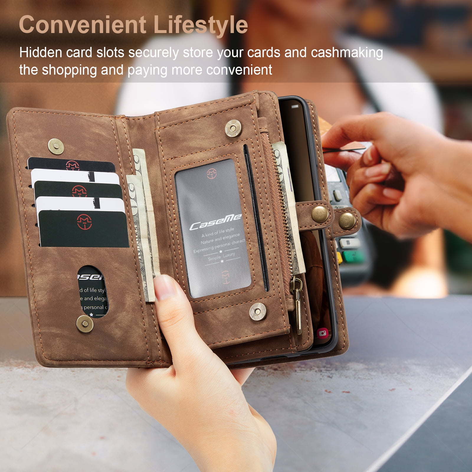 TECH CIRCLE Samsung Galaxy S22 Plus Case,Galaxy S22 Plus Wallet Case with Card Holder Kickstand Zipper Pocket Lanyard Strap Wristlet PU Leather Flip Case Wallet for Galaxy S22 Plus 6.6 inch,Darkbrown