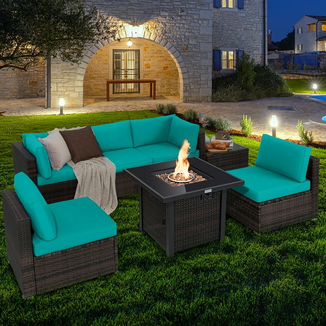 Costway 7PCS Patio Rattan Furniture Set Fire Pit Table Cover Glass Top Cushion Turquoise