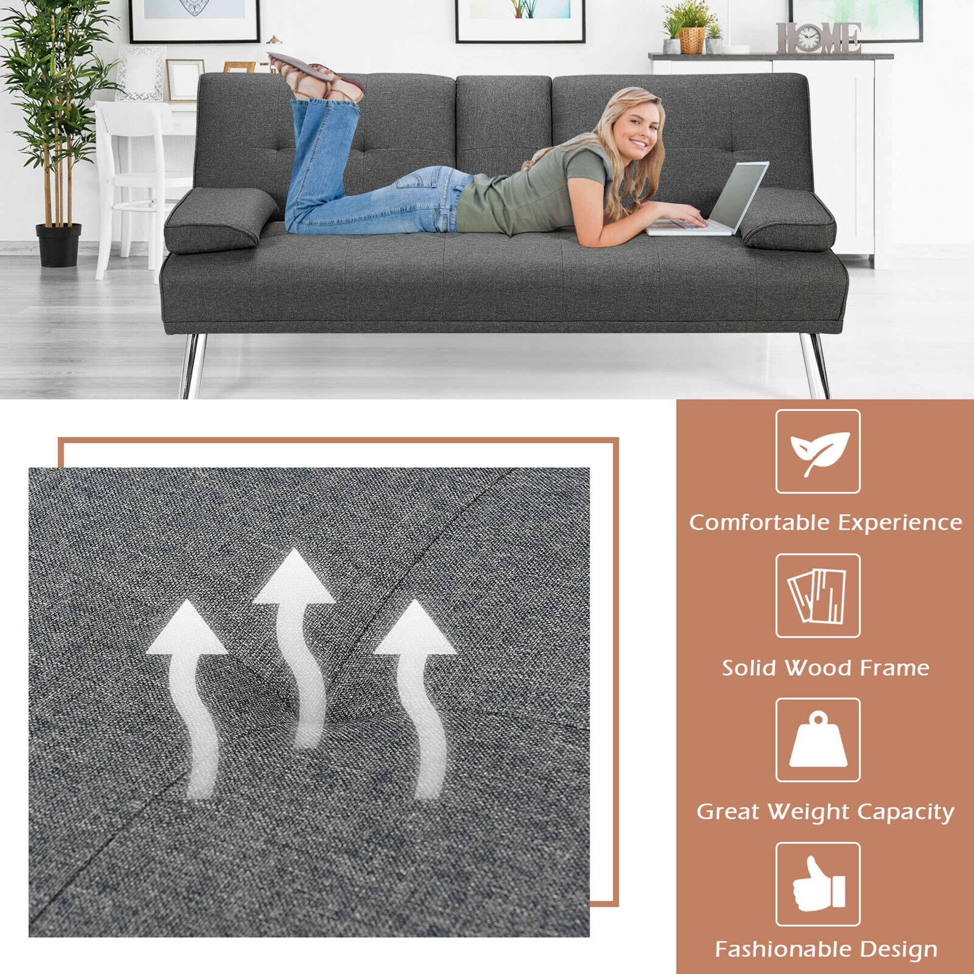 Gymax Folding Futon Sofa Bed Fabric w/2 Cup Holders Dark Gray