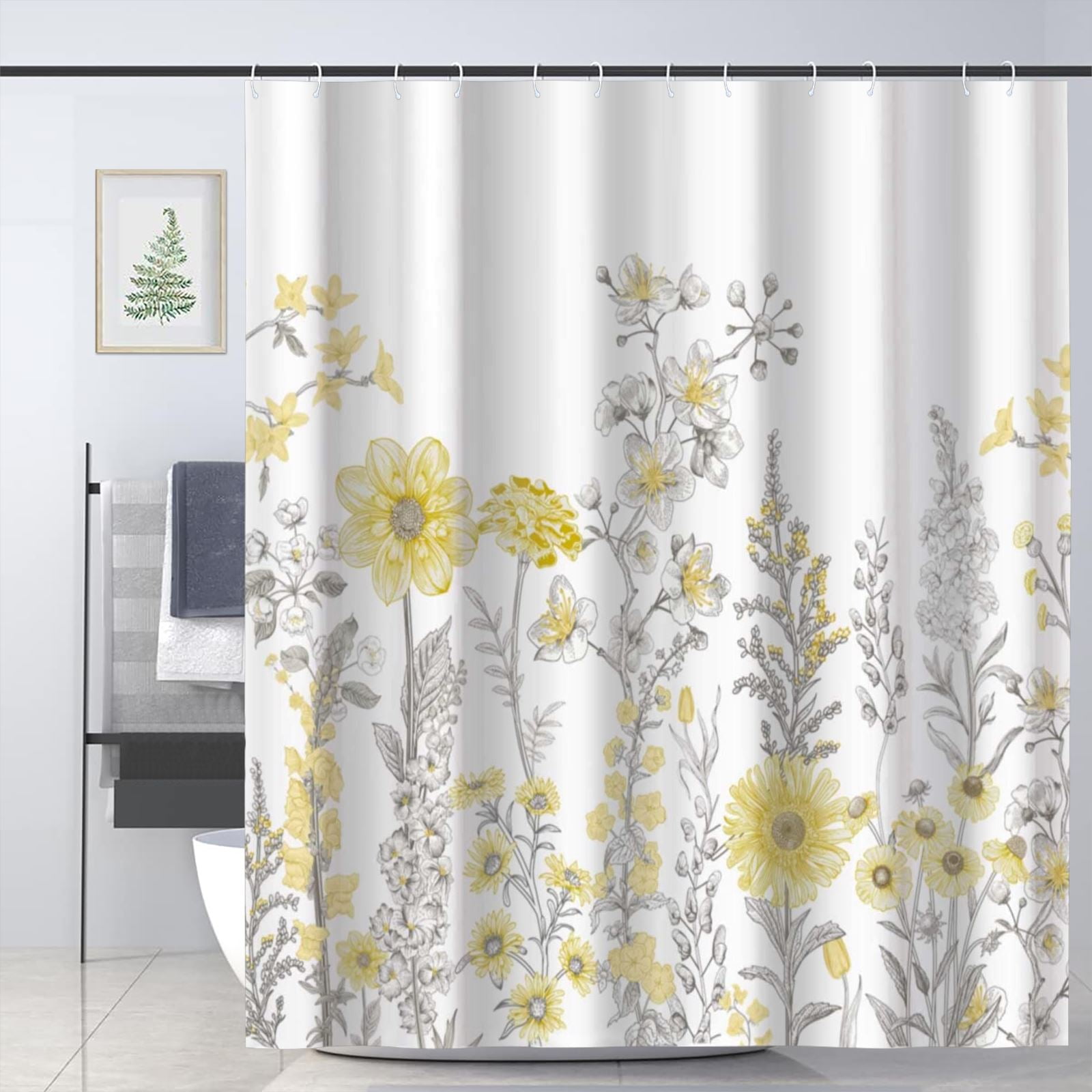 Vines and Yellow Flowers on The Wall Fabric Shower Curtain Bathroom Set 12Hooks 