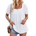 thumbnail image 3 of Women'S Hollow Pleated Short Sleeves Square Neck Casual Loose Solid Color Knit T Shirts Tops Blouses White M, 3 of 9