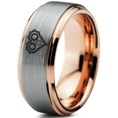 Mens Gear Ring Tungsten Bicycle Chain Gear Heart Band Ring 8mm Men Women Comfort Fit 18k Rose Gold Step Bevel Edge Brushed Polished ()