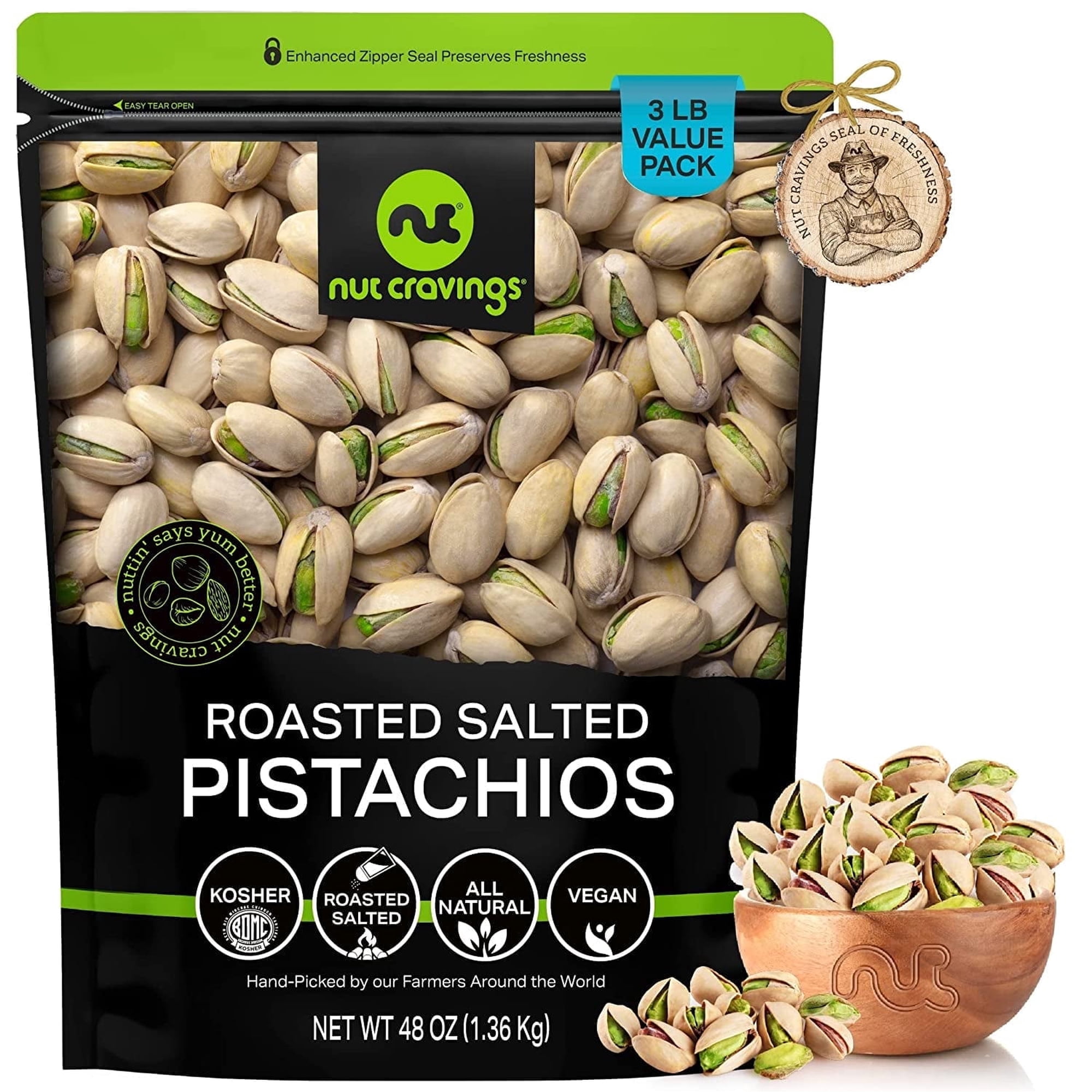 Nut Cravings Freshly Roasted & Salted California Pistachios (48oz - 3 lbs) Packed Fresh in Resealable Bag