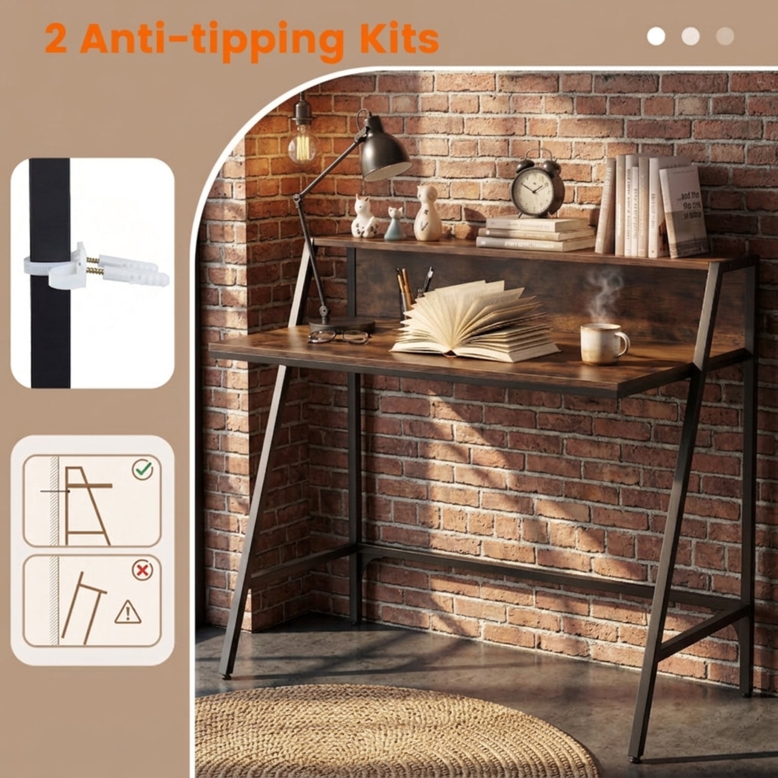 Furnibear Small Desk 31.5 Inch Industrial Writing Desk with Raised Shelf and Metal Frame, Space-Saving Home Office Computer Desk, Rustic Brown