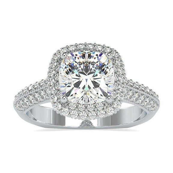 Kiva Jewel 1.88 Ct Halo Wedding Engagement Ring - Beautiful Lab Created Cushion Cut Diamond Ring - 14K White Gold Plated Ring - Ideal for Proposals and Special Celebration - Prong Setting for Women