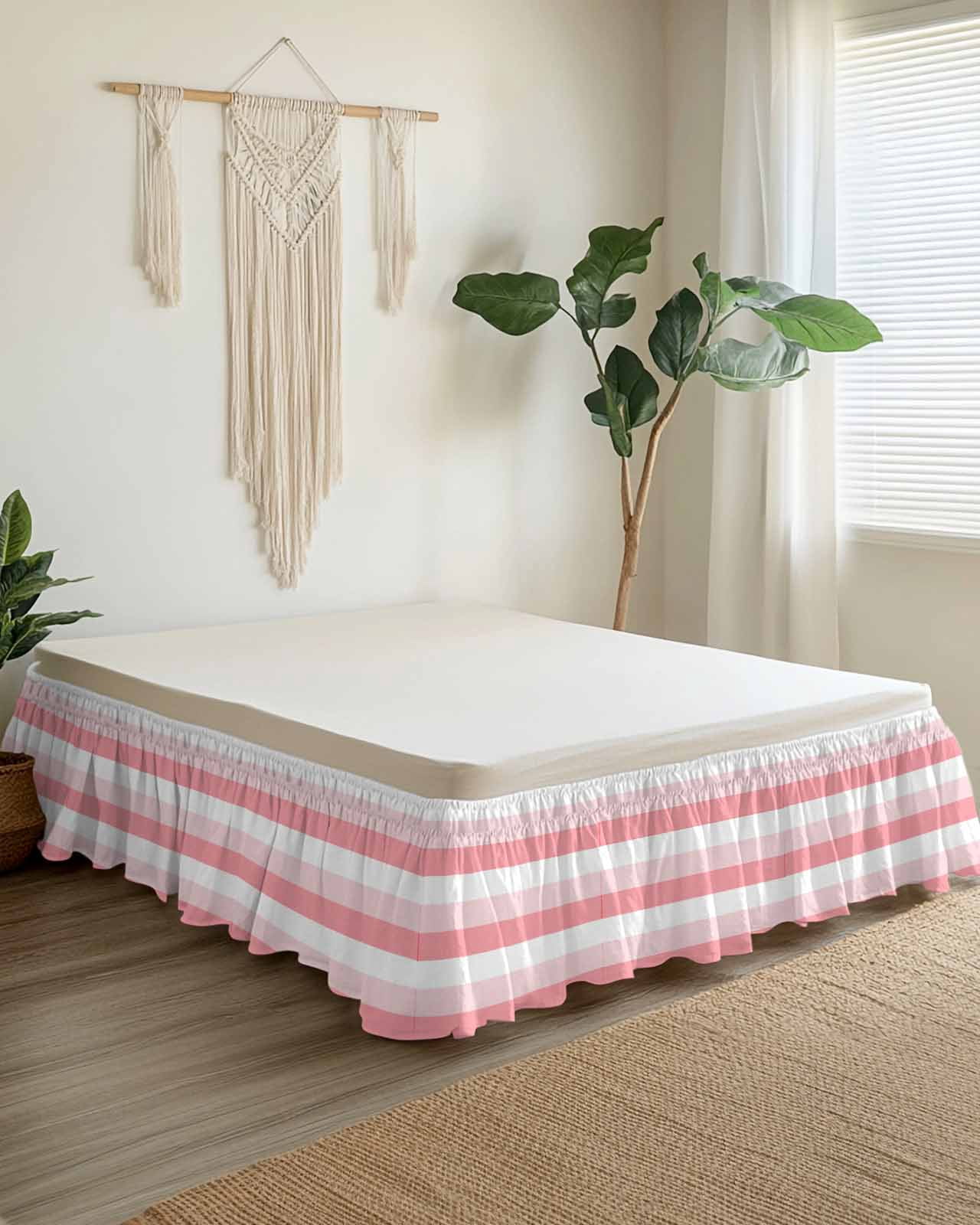 Pink White Striped Wrap Around Bed Skirts for California King Bed 16" Drop, Bed Skirt with Adjustable Elastic Belt Dust Ruffle Bed Valance for Bedroom Hotel Luxury Farmhouse Stripes Bed Frame Cover