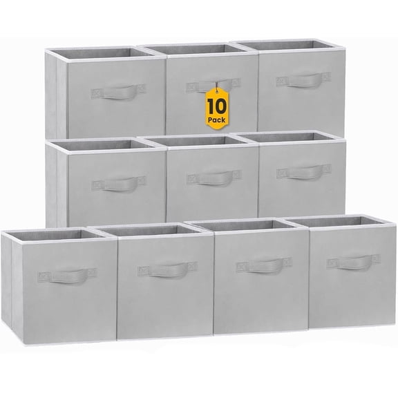 11 inch Clothes Storage Bins for Shelves Closet, 10 Pack Fabric Collapsible Storage Bins with Dual Handles, Gray