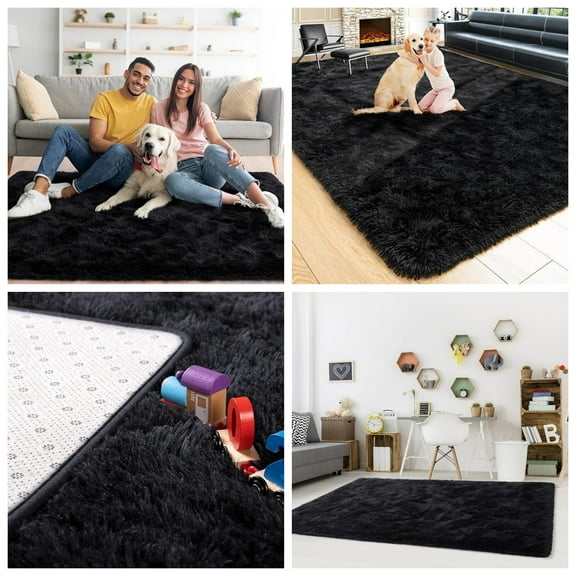 Fluffy Black 8x10 Area Rugs for Living Room,Large Living Room Rug,Thick Shag Rugs for Bedroom,Big Soft Shaggy Bedside Non-Slip Plush Dorm Nursery Kids Carpet Home Decor Aesthetic