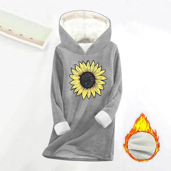 Tops for Women Long Sleeved Hooded Daisy Printing Thickened Casual Sweatshirt,Womens Tops Plus Size Gray XXL