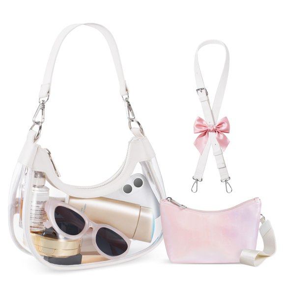 Small Clear Bag for Stadium Events, Clear Crescent Bag Handbags for Concerts Sports with Wristlet Iridescent Wallet
