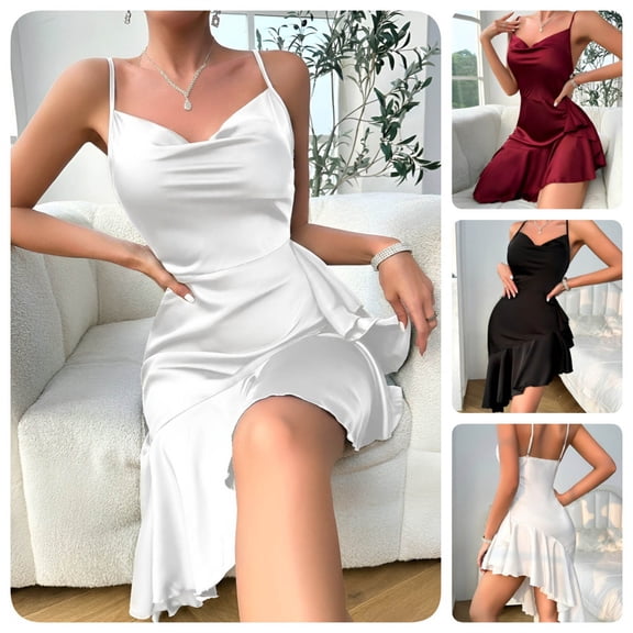 Feancey Womens Satin Silk Nightgown Cowl Neck Backless Cami Dress Irregular Ruffled Hem Wedding Guest Dresses Soft Pajama Dress Black L