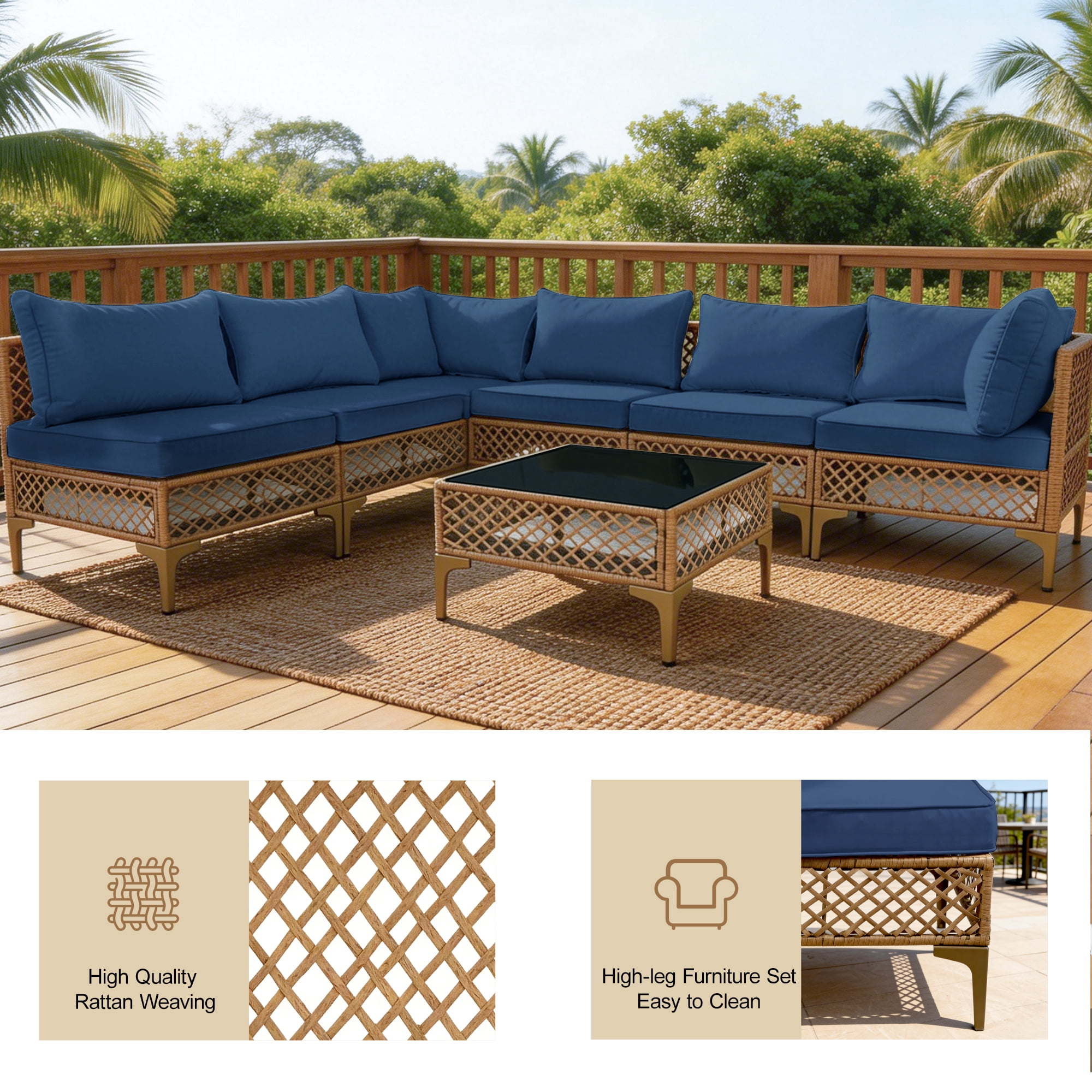 MaagorVita 7Pcs Outdoor Patio Furniture Set, Modular Outdoor Sectional, Modern Rattan Wicker Sofa Set with Coffee Table and Washable Thick Cushions, Blue Cushion
