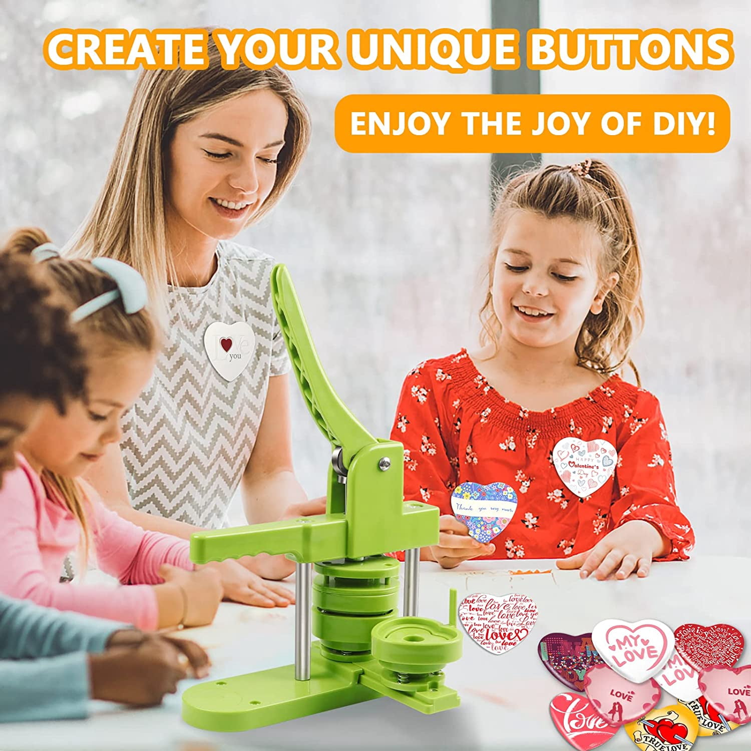 VIFERR Heart Shaped Button Maker Machine, Button Press Machine with 100pcs Heart Button Parts DIY Pins Making Kit Gift for Kids (Green)